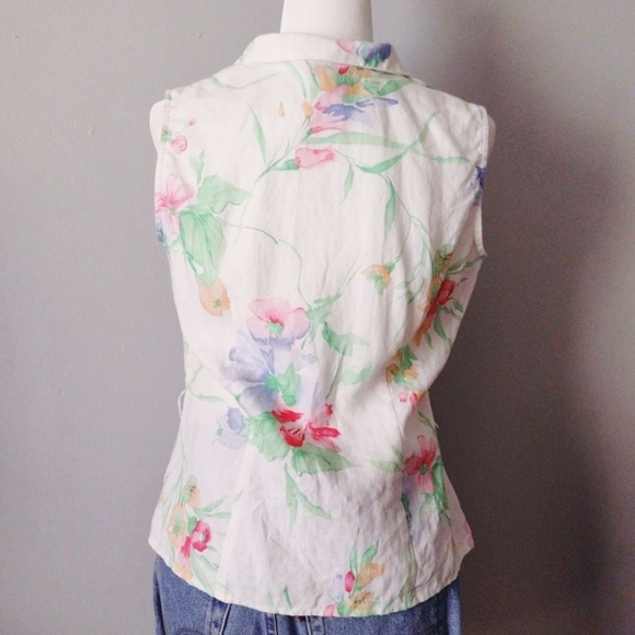Vintage Linen Cottagecore Floral Sleeveless Button Down Blouse Top - Picture 4 of 6